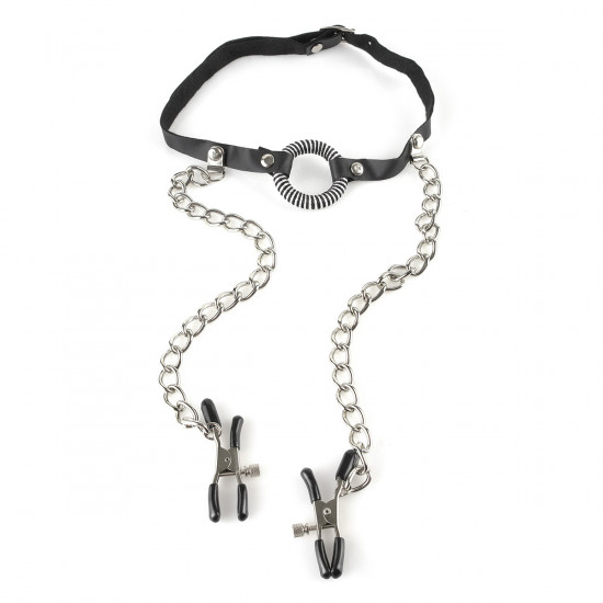 Fetish Fantasy O-Ring Gag With Nipple Clamps Zwart
